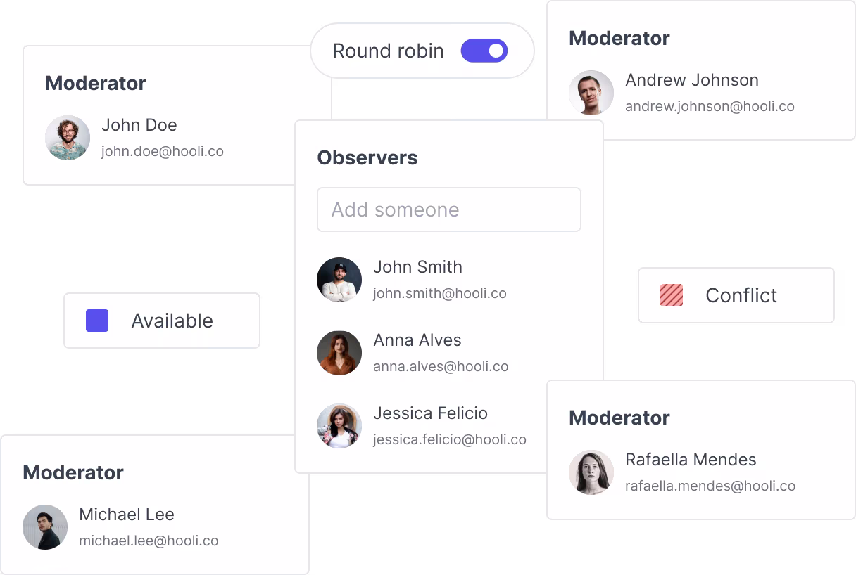 Moderator cards with a round robin toggle, an observers list, and availability and conflict markers
