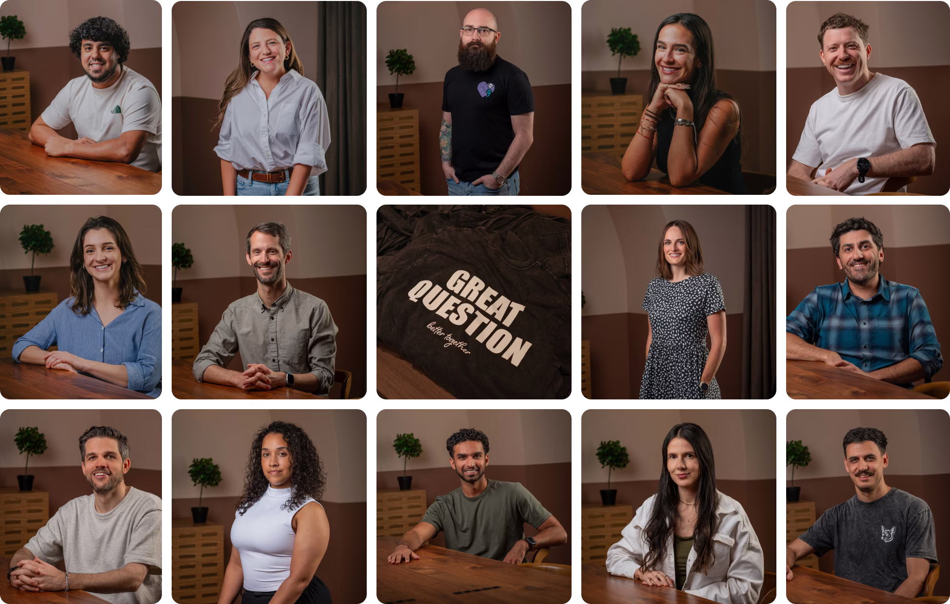 A grid of fifteen Great Question team portraits around a Great Question t-shirt