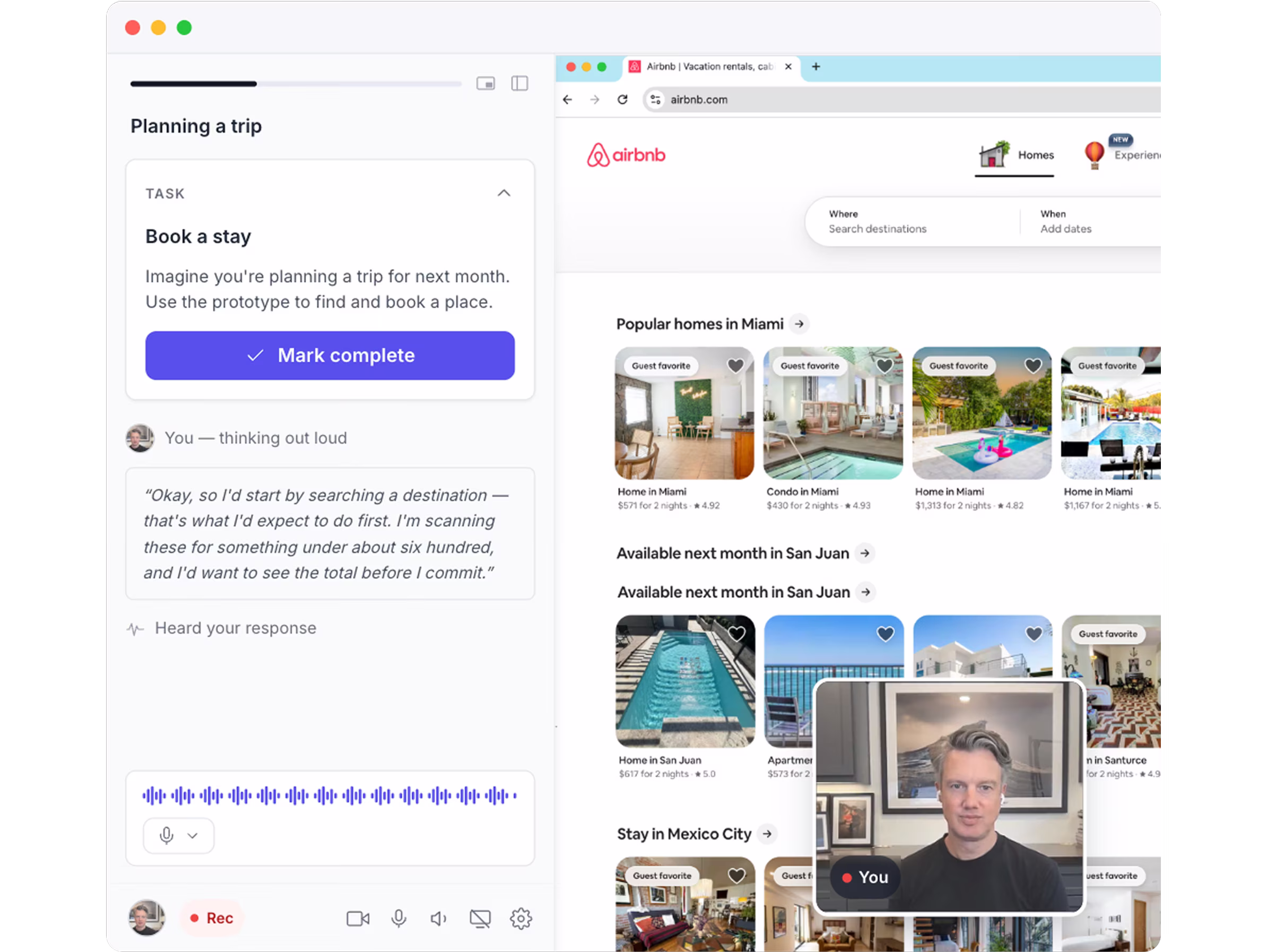 An AI-moderated prototype test: the task and the participant's spoken reaction beside the prototype they are using