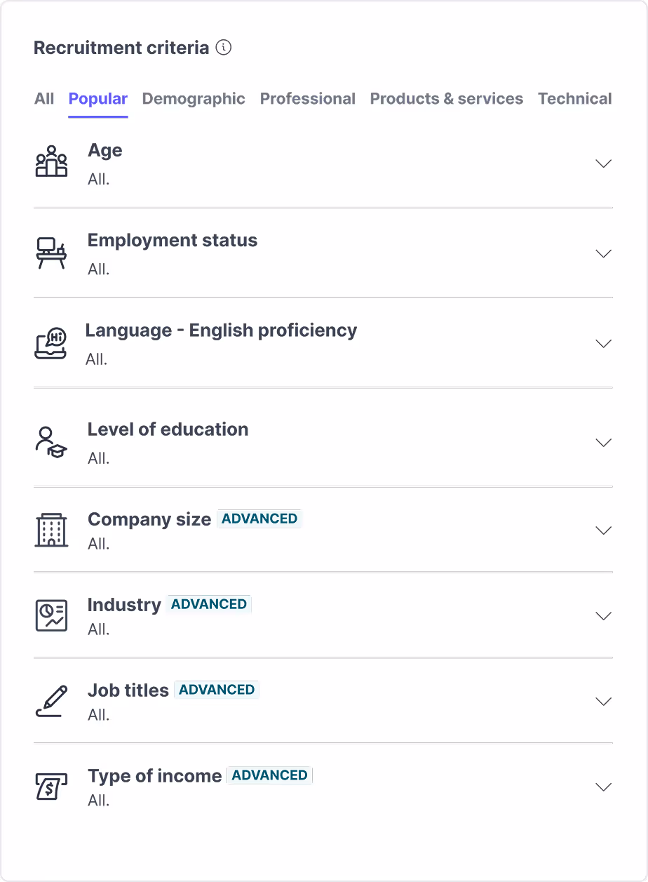 Recruitment criteria panel with demographic and professional filters