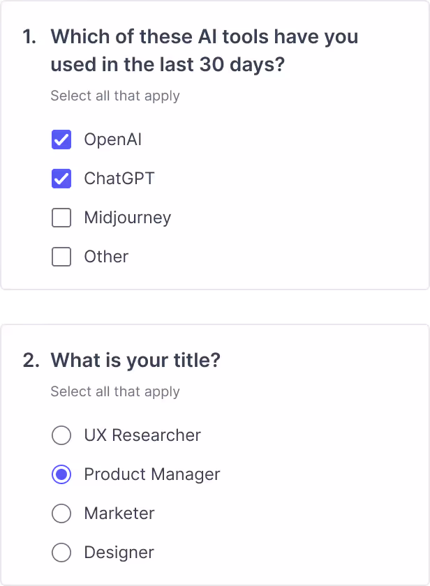 Two screener questions with their answer options selected