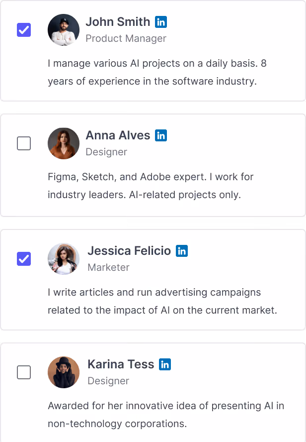 A shortlist of candidate profiles with two selected for a study