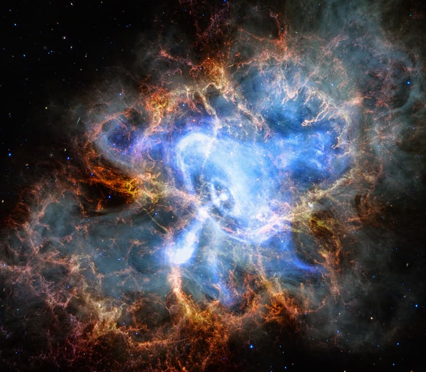 Composite image of the Crab Nebula supernova remnant in X-ray and infrared light.