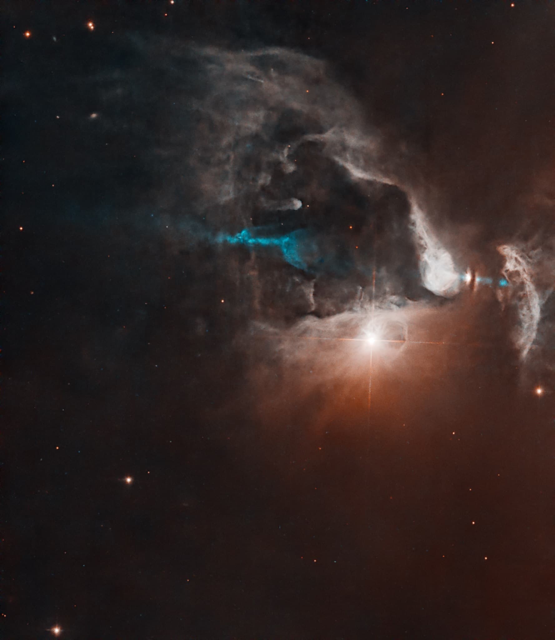 A double-sided blue jet erupting from the newly forming protostar FS Tau B, slicing across a softly glowing nebula while a dark dust lane cuts through the edge-on protoplanetary disk.