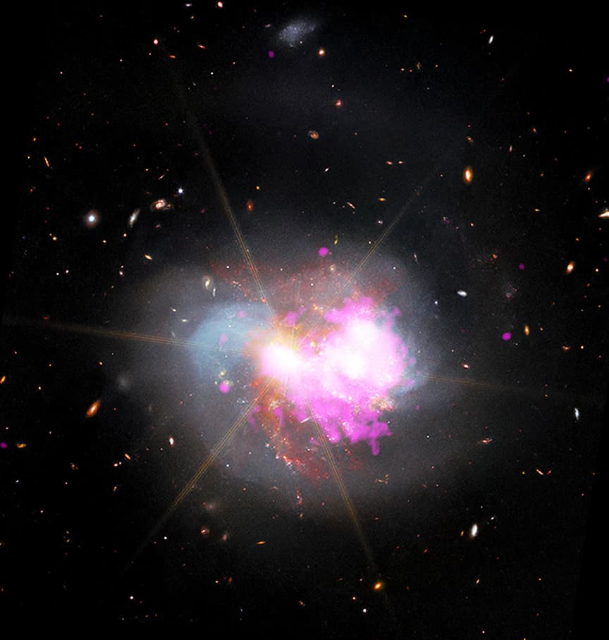 Composite of IC 1623, two merging galaxies blazing with new star formation.