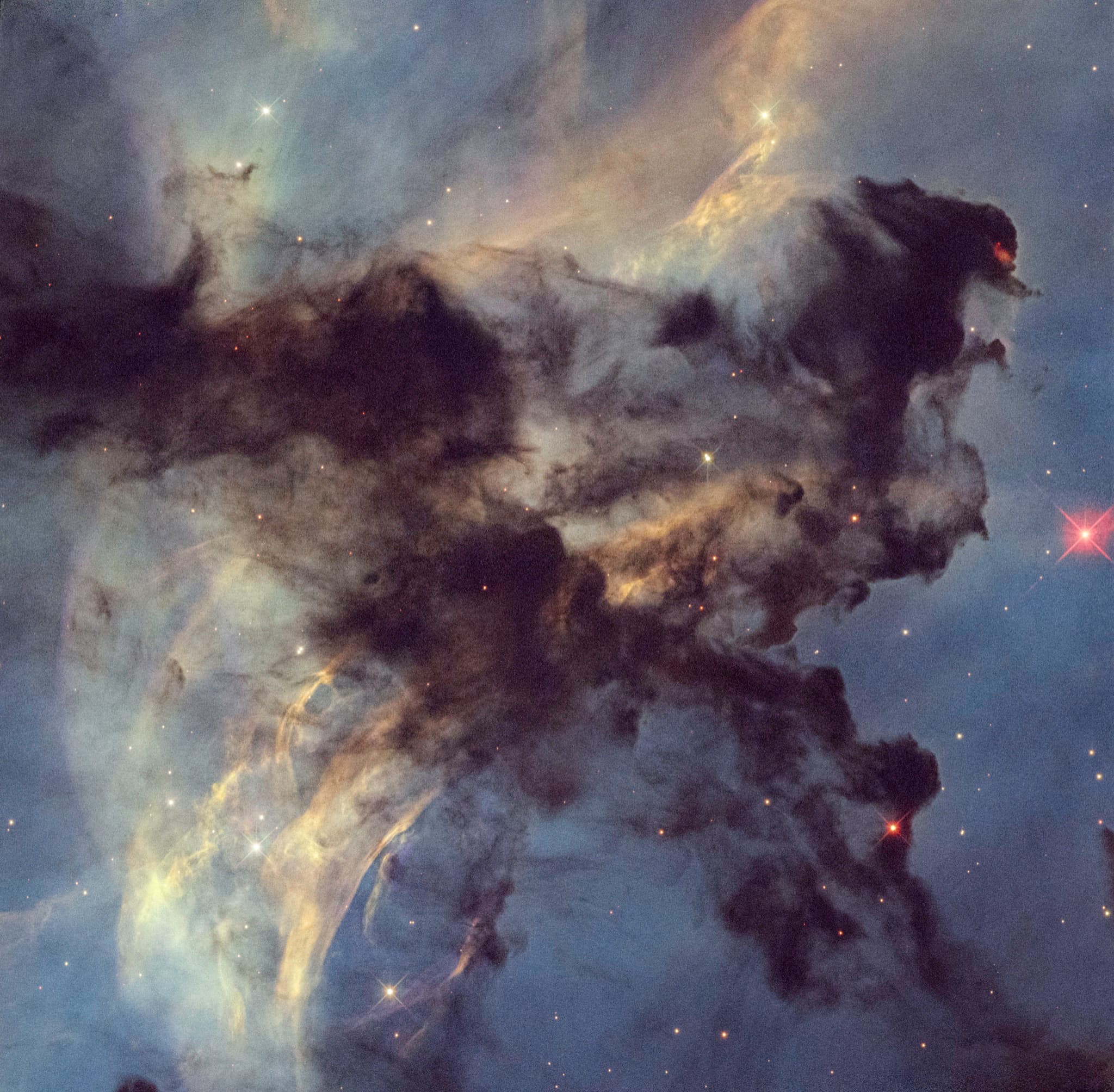 Dark, silhouetted clouds of hydrogen gas and dust standing out against glowing nebulosity in a portion of the Rosette Nebula, sculpted by radiation from nearby young stars.