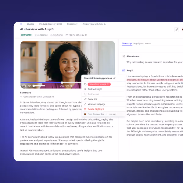 An AI interview in Great Question, the participant on video beside the live transcript