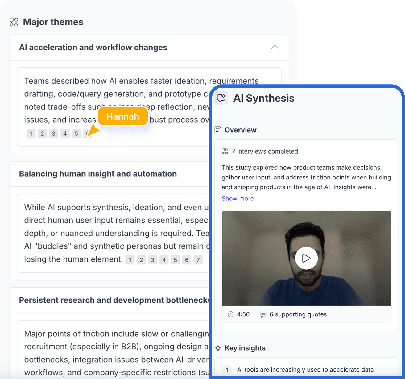AI synthesis in Great Question: major themes across a study beside an AI overview with key insights and supporting clips