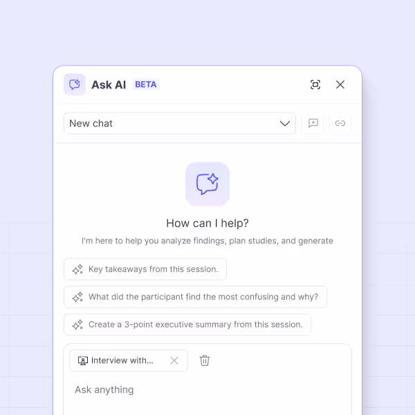 The Ask AI panel in Great Question, with suggested prompts for finding themes across interviews
