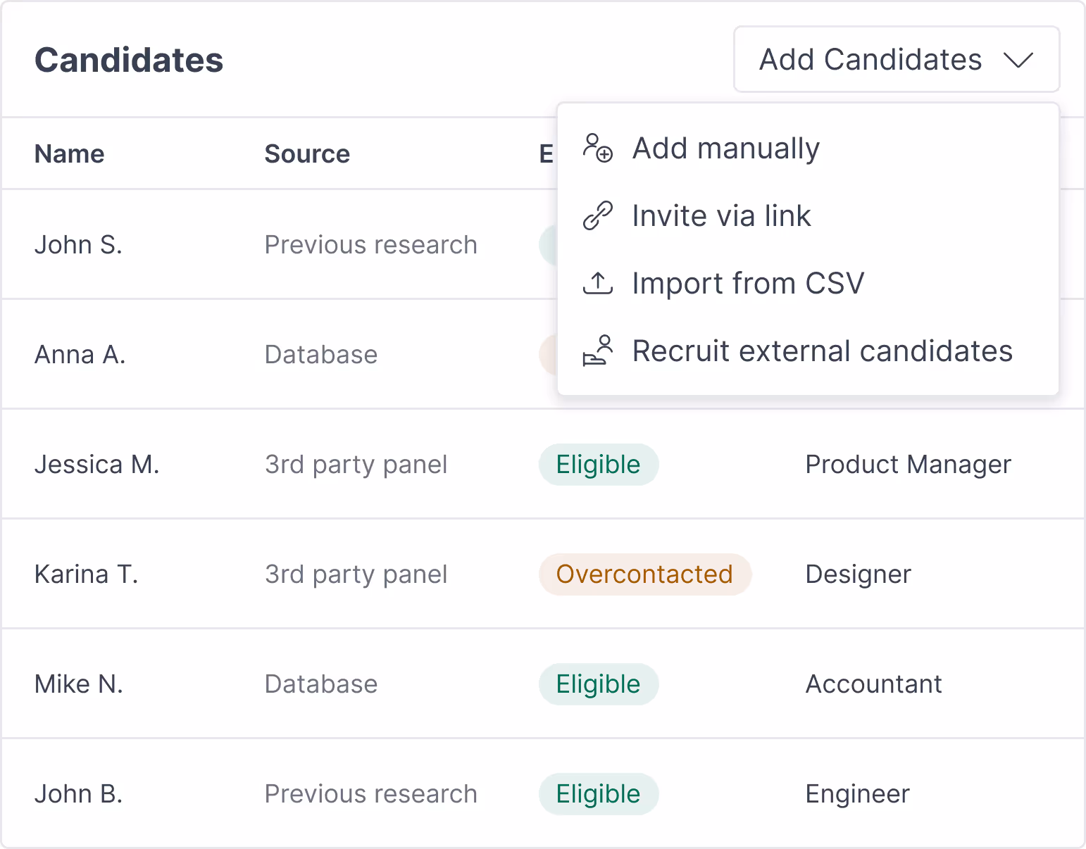 Adding candidates in Great Question: manually, by invite link, from CSV, or via external recruitment