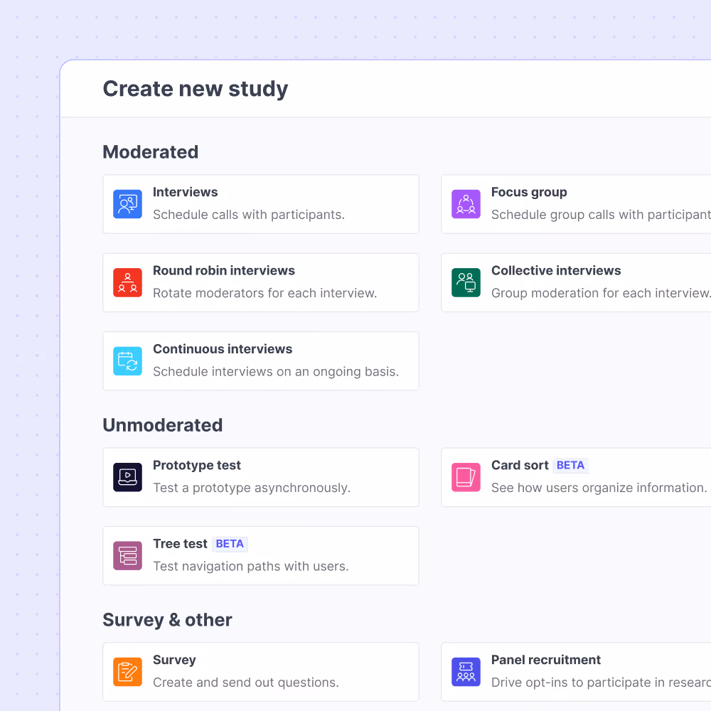 Starting a new study in Great Question, choosing from moderated, unmoderated, and survey methods