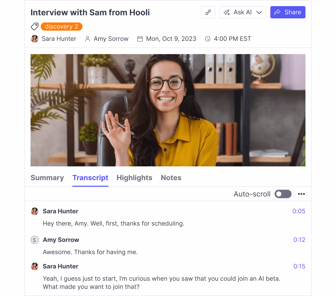 A recorded user interview in Great Question with its synced transcript, highlights, and notes