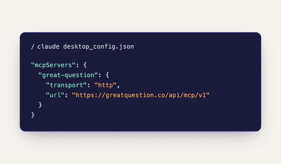 Connecting Great Question as an MCP server in a claude_desktop_config.json file