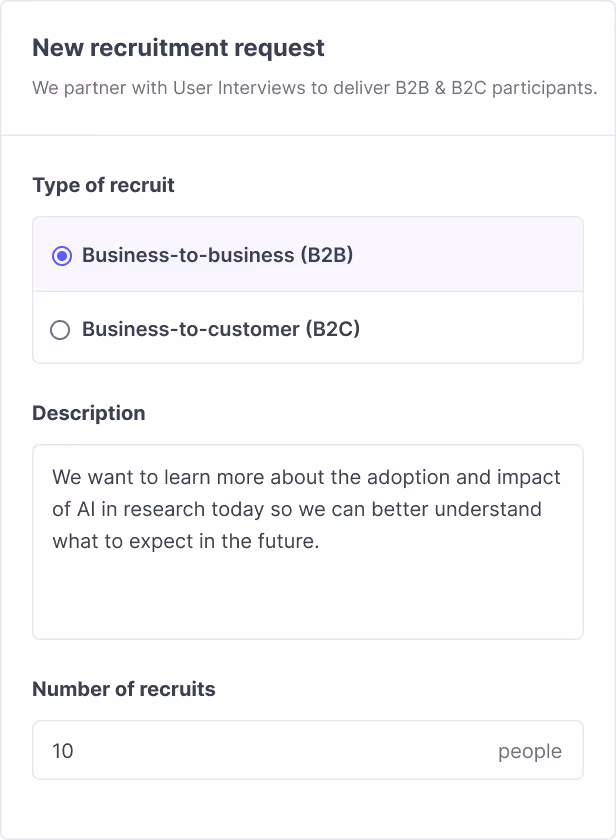 Submitting a new recruitment request in Great Question, with recruit type and study description