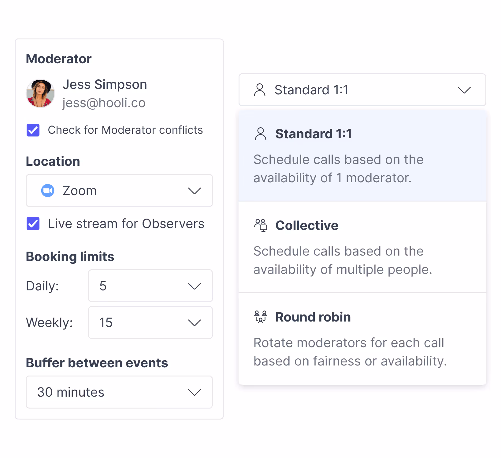 Scheduling user interviews in Great Question: moderators, booking limits, and round-robin availability