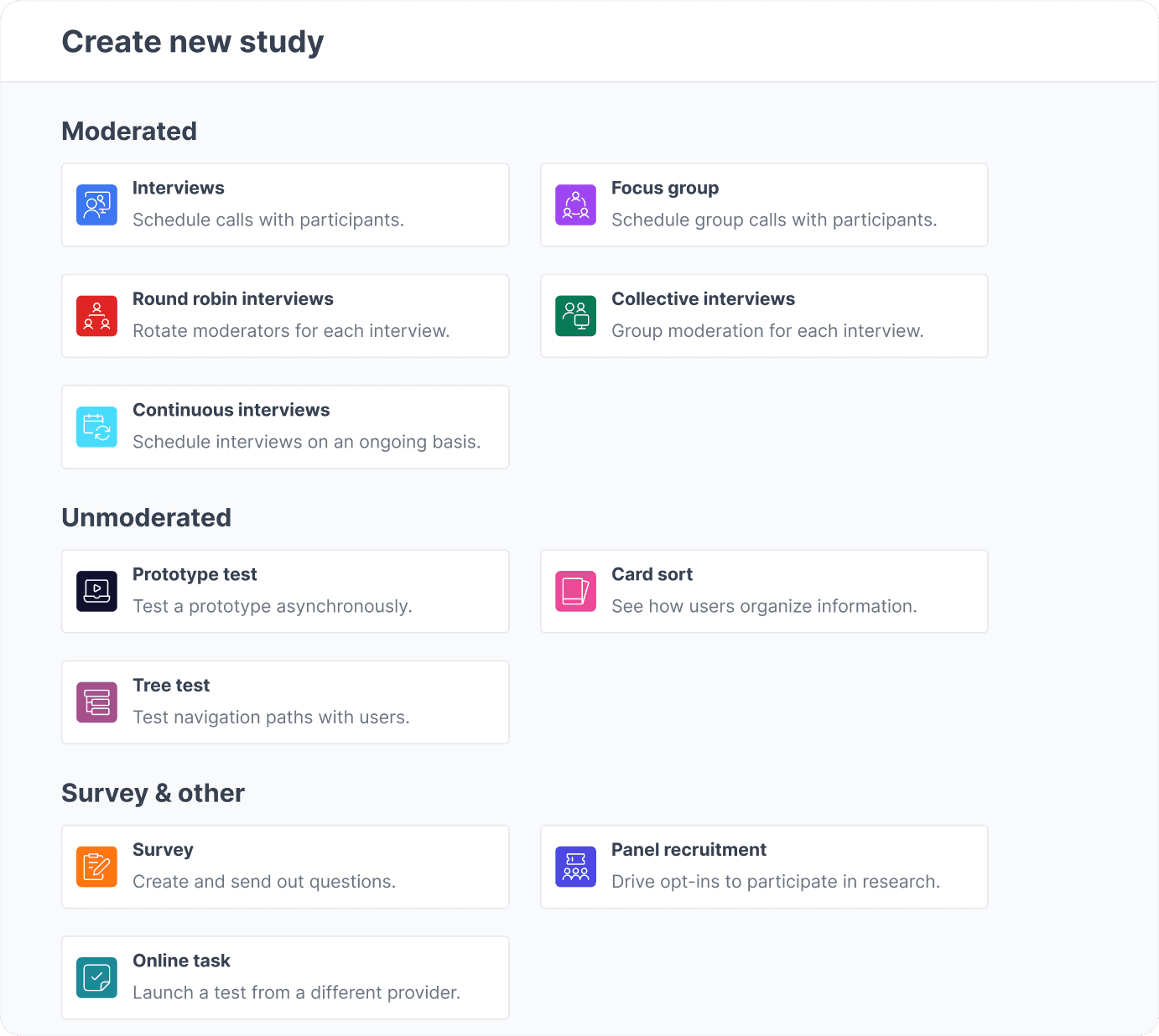 Choosing a research method when creating a study in Great Question: moderated interviews, focus groups, prototype tests, card sorts, tree tests, surveys, and online tasks