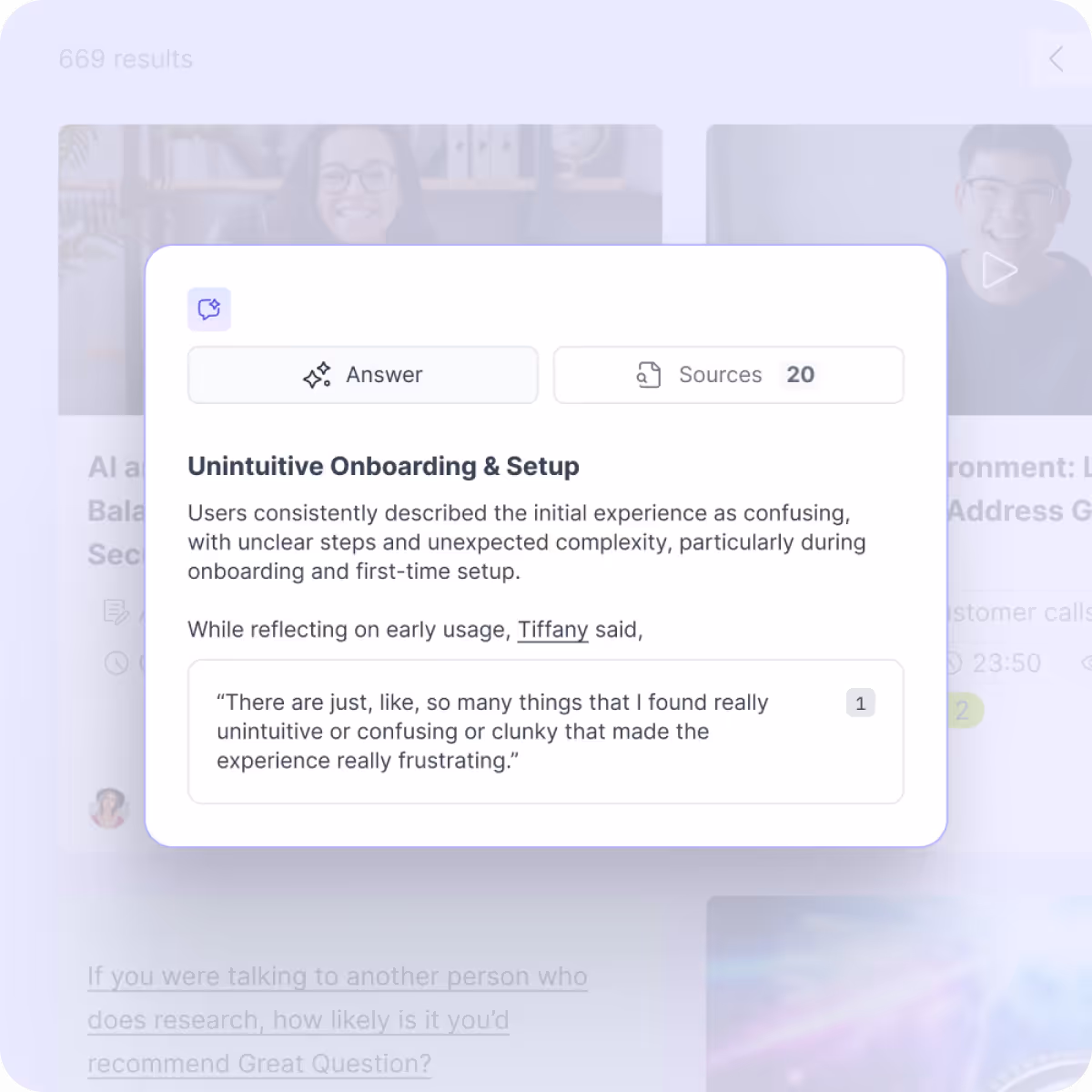 An AI answer on unintuitive onboarding and setup, with 20 cited sources and a participant quote