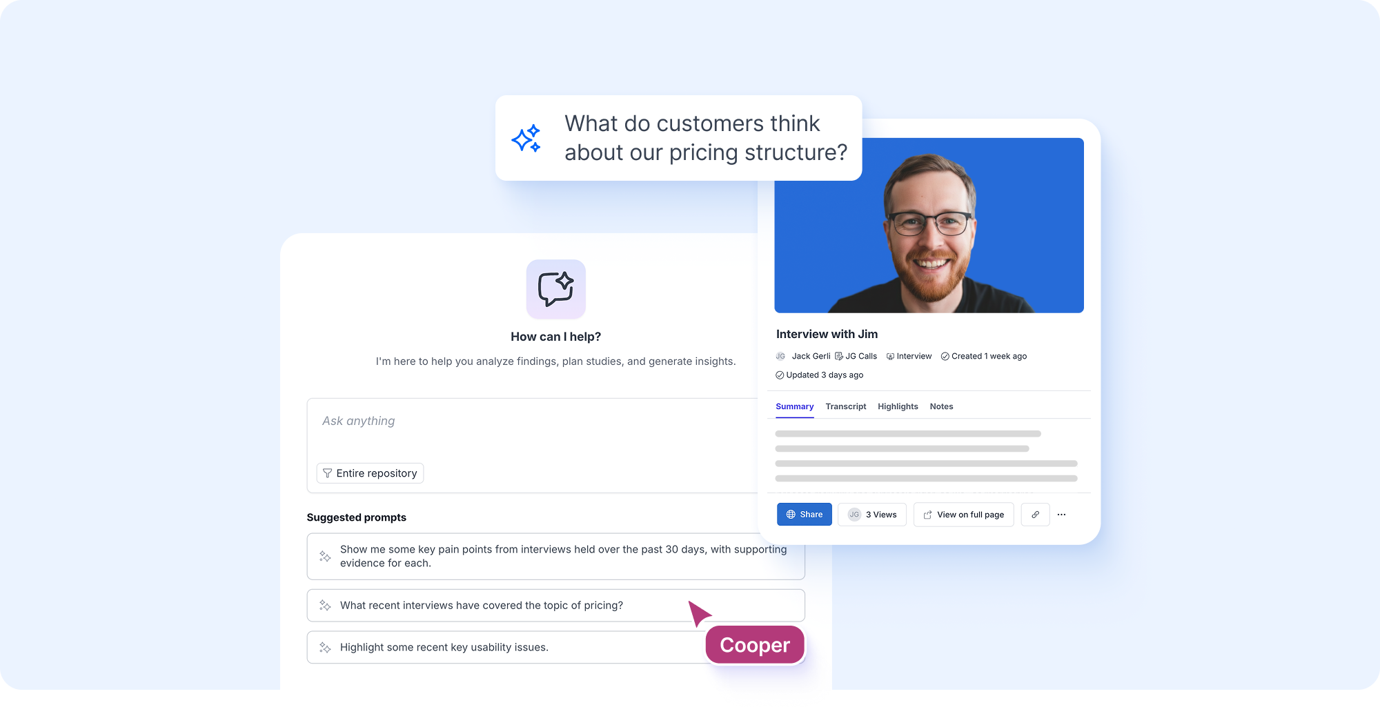 Ask AI returning a chat summary across the research repository