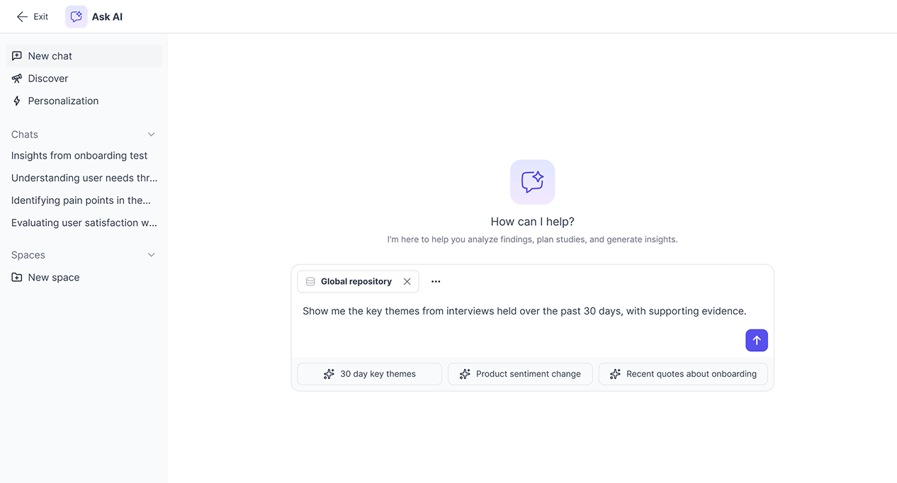 The global Ask AI workspace, with a question scoped to the entire research repository