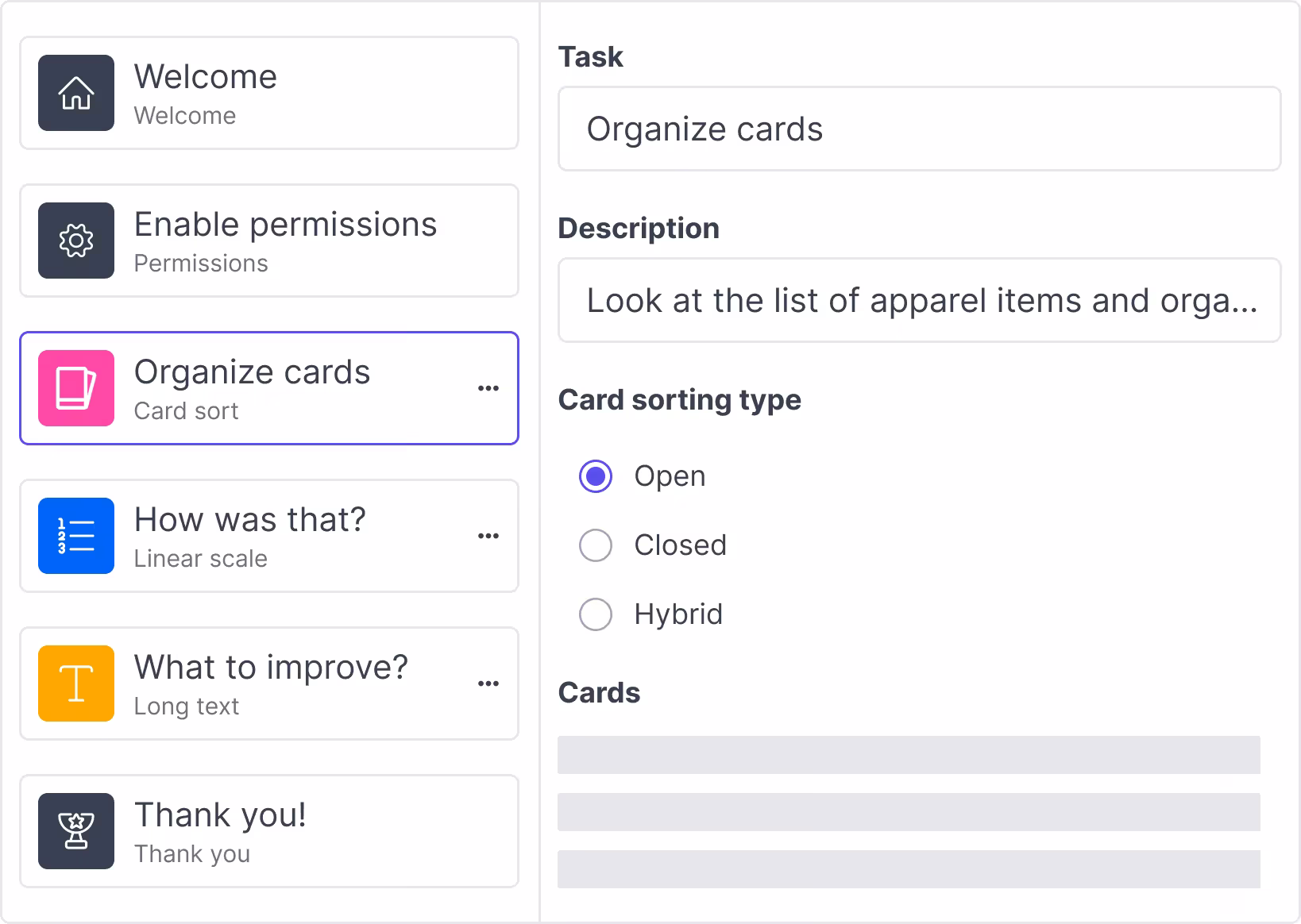 A card sort study builder with the Organize cards step open and open, closed and hybrid sorting types