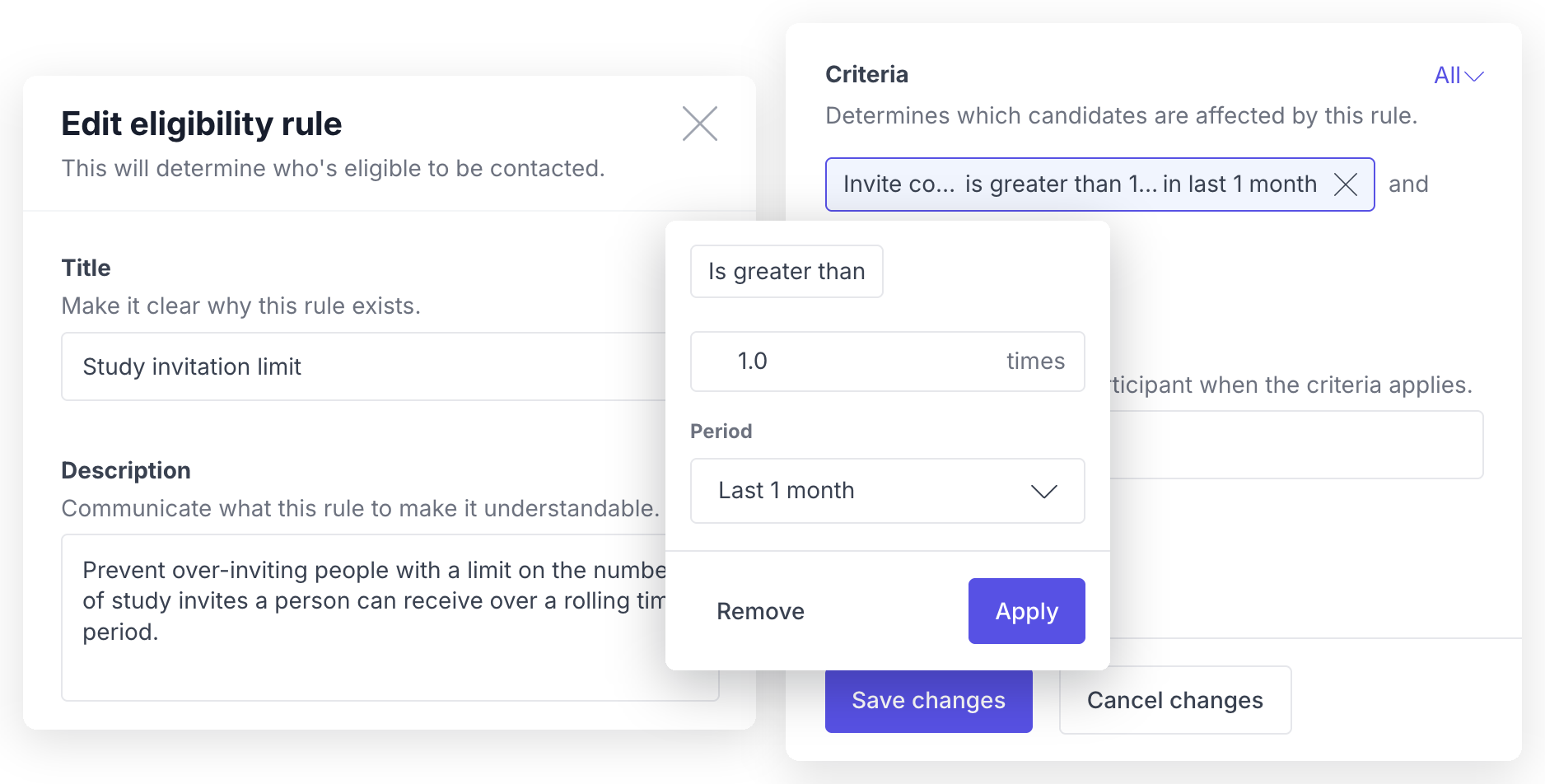 The Edit eligibility rule dialog beside its criteria and label settings, with the criteria editor open on an invite-count rule.