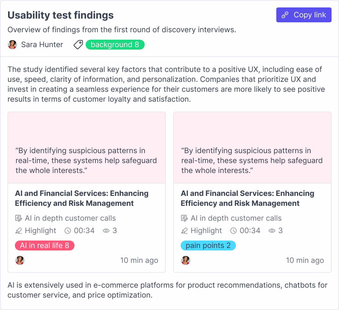 An insight report with tagged interview highlights embedded in it