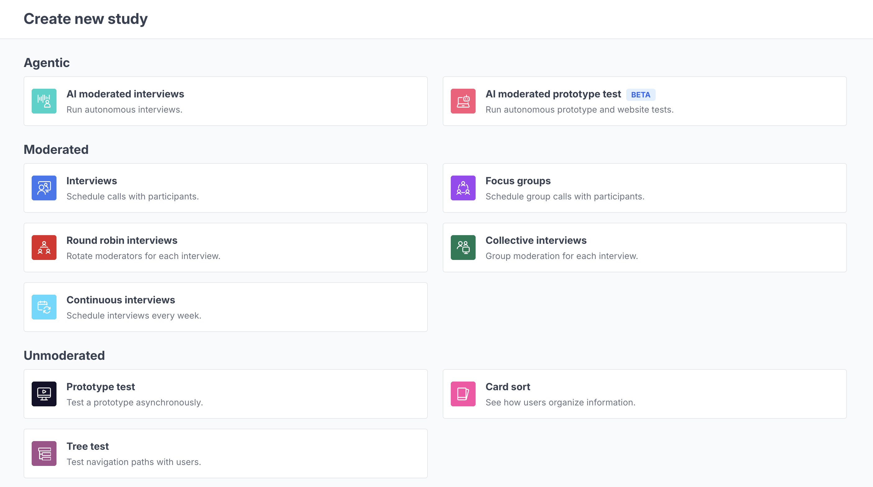 The Create new study dialog in Great Question listing agentic, moderated, and unmoderated study types