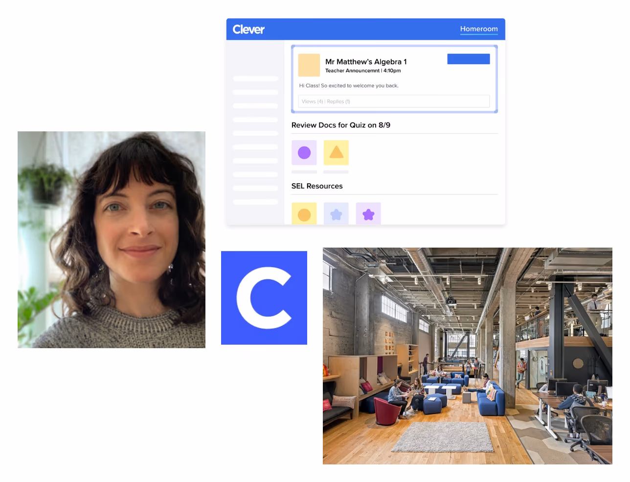 Liza Pemstein beside Clever’s classroom product, its mark, and the Clever office floor