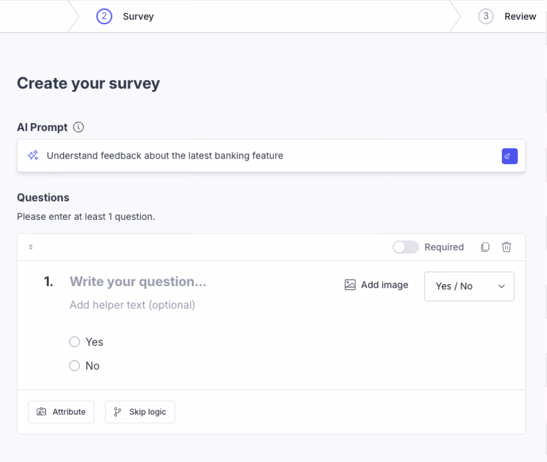 Building a survey in Great Question with an AI prompt, question types, attribute mapping, and skip logic
