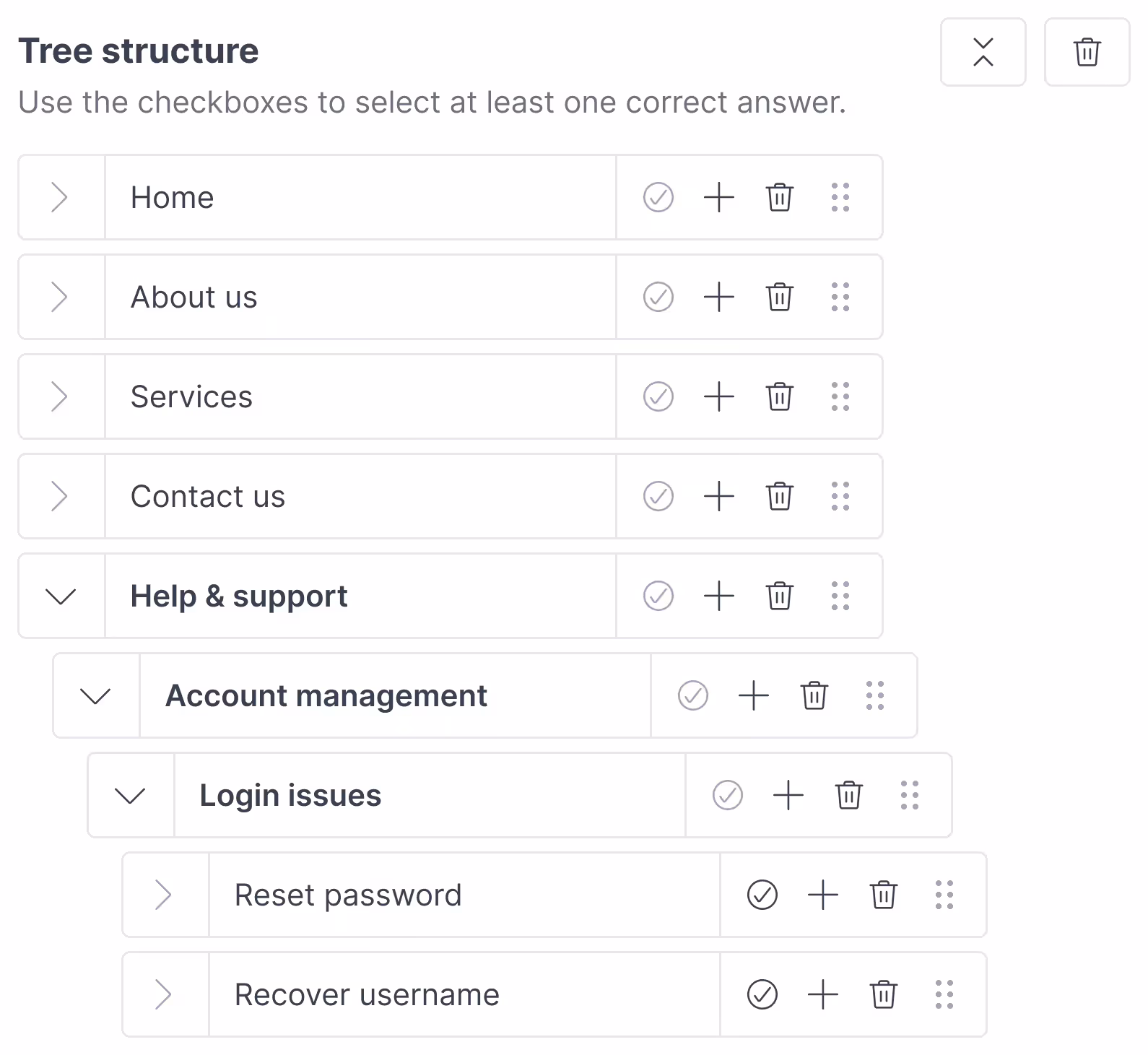 The tree structure editor, with checkboxes marking the correct answers for a task