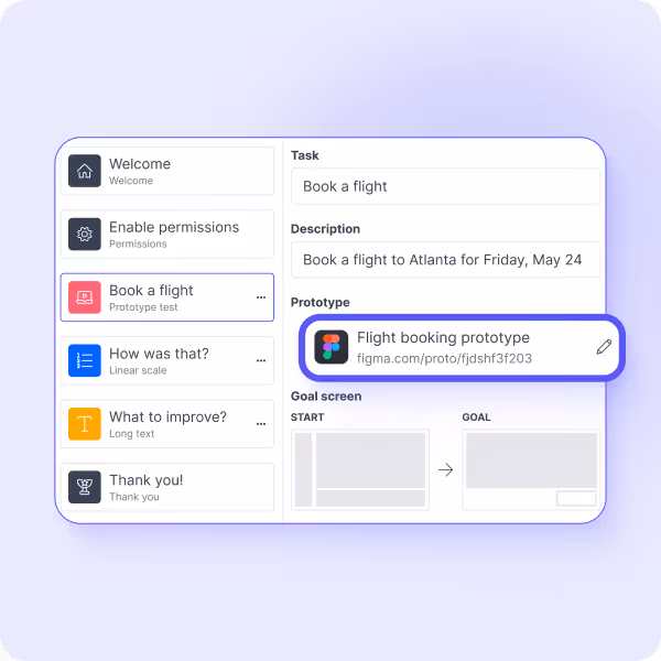 A prototype test step linked to a Figma prototype with start and goal screens