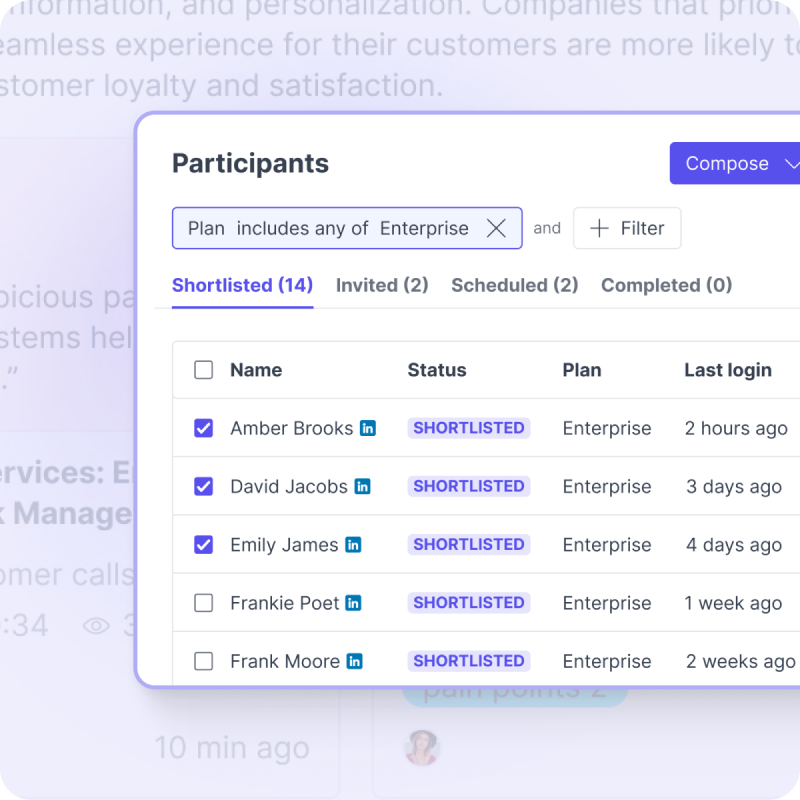 A shortlisted participant list filtered by plan, ready to invite