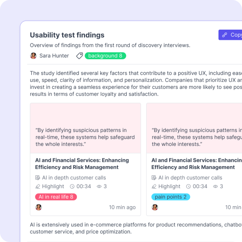 A usability test findings write-up with tagged highlight clips