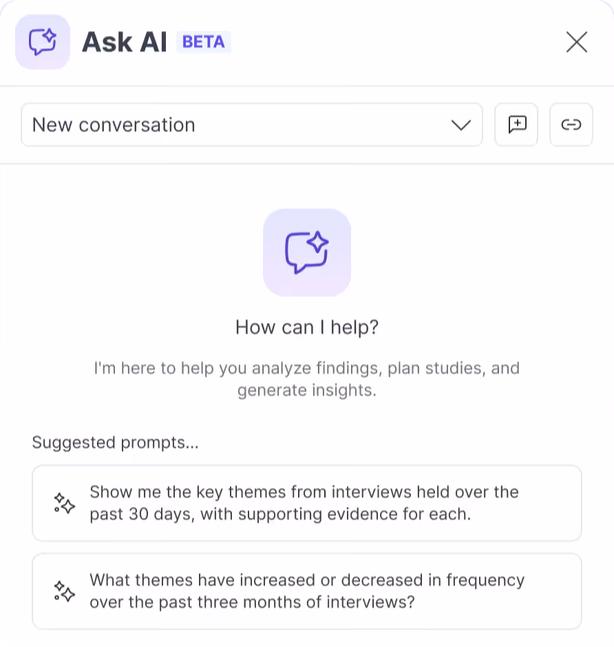 A new Ask AI conversation, offering suggested prompts about interview themes