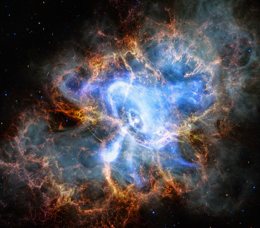 Composite image of the Crab Nebula supernova remnant in X-ray and infrared light.
