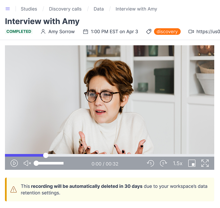 A recorded interview with automatic data-retention settings applied
