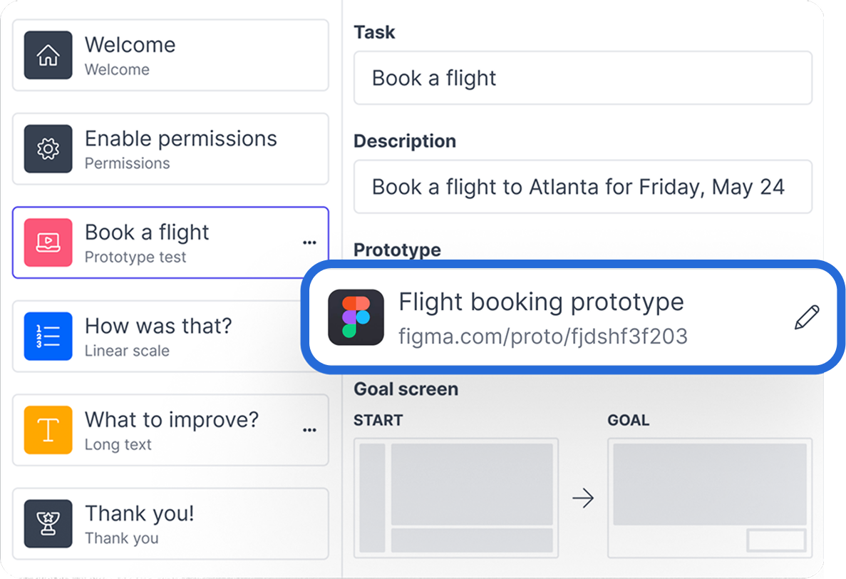 A Figma prototype attached to a study task in Great Question