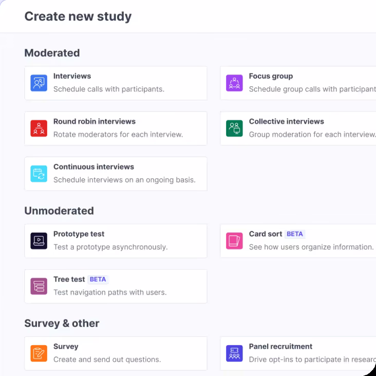 Create new study in Great Question, listing moderated, unmoderated, and survey methods