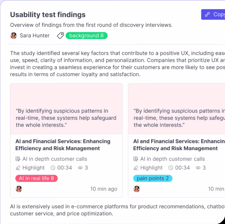 Usability test findings in Great Question with tagged highlights pulled from interviews