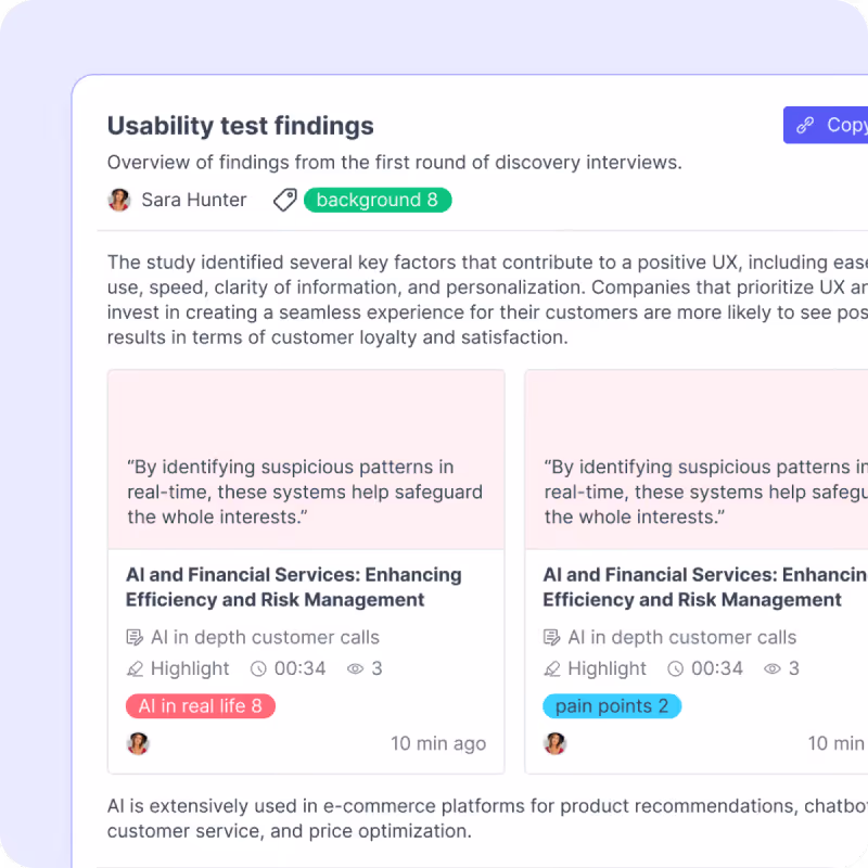 A Great Question findings report with tagged highlights and linked customer quotes