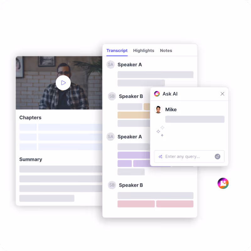 A session with auto-generated chapters and a summary beside its speaker transcript and an Ask AI query box
