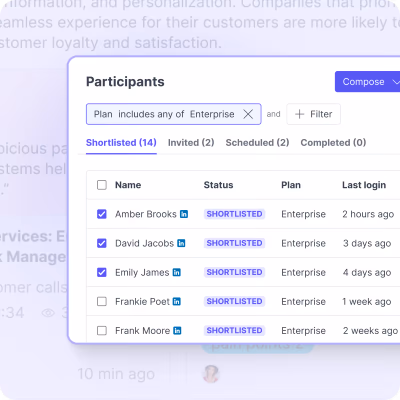 A participant list filtered to Enterprise customers, showing shortlisted candidates and their last login