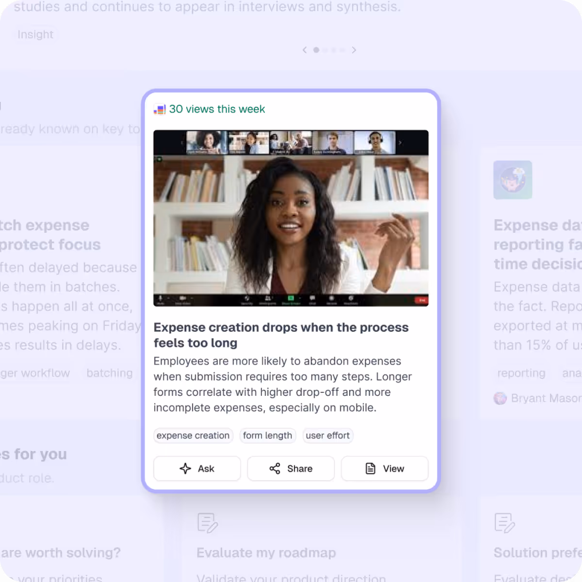 A tagged insight card in the Great Question repository, with its session video and Ask, Share, and View actions