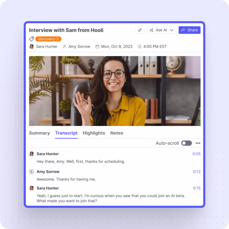 A recorded interview session with its live transcript, summary, highlights, and notes tabs