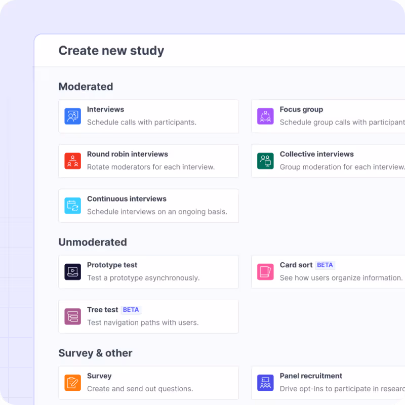 The Create new study picker, with moderated, unmoderated, and survey methods to choose from