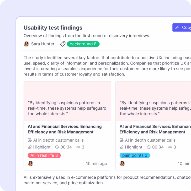 A usability test findings report with an overview, tagged quotes, and linked video highlights